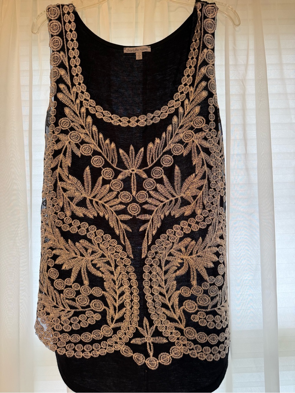 Charlotte Russe Black Tank Top with Cream Floral Embroidery